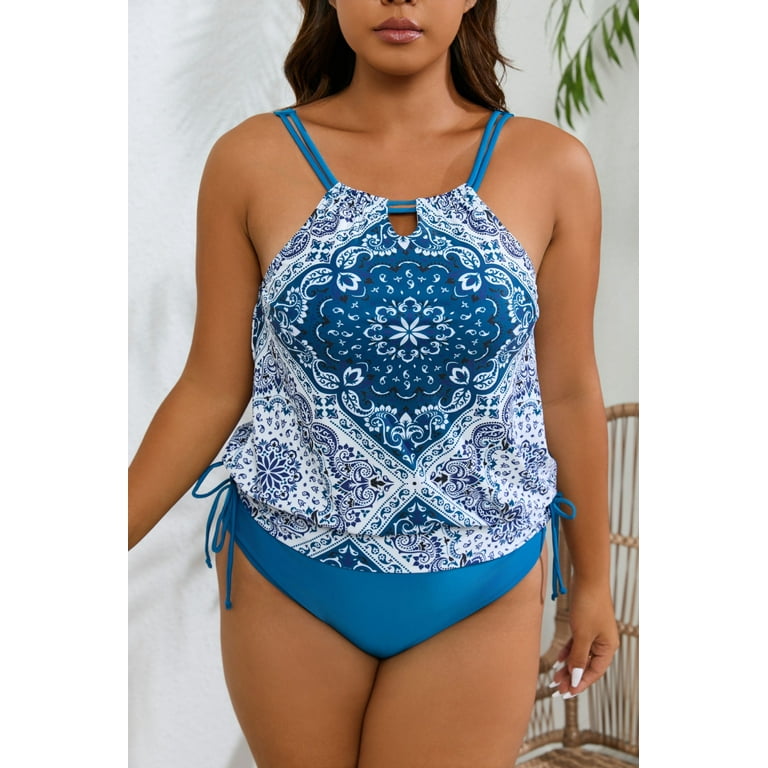Honeeladyy Women Plus Size Tankini Swimsuits Floral Print Strap Bathing Suit Tankini Tops with Side Tie Bottom Blue XL Walmart