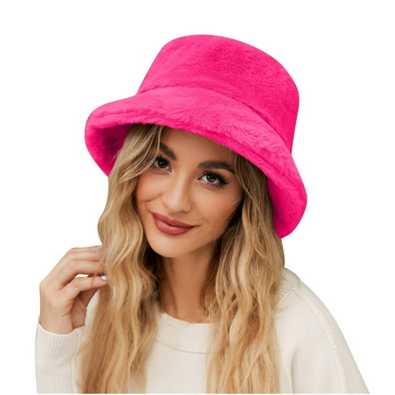 Honeeladyy Women Plush Fluffy Bucket Hat Warm Lining Winter Faux Fur Cozy Wide Brim Skiing Hunting Hat