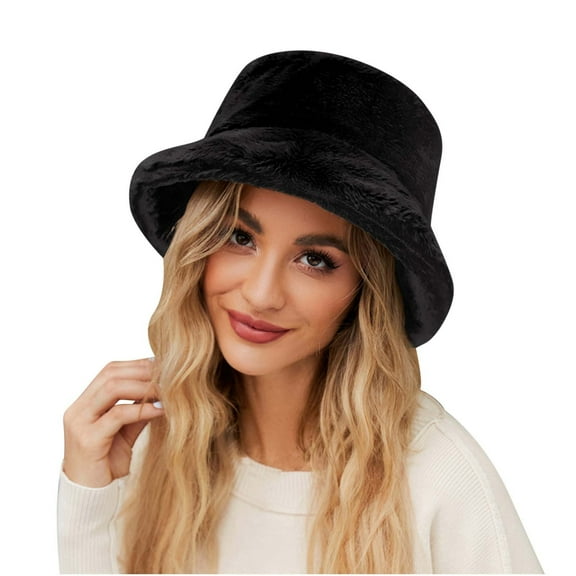 Honeeladyy Women Plush Fluffy Bucket Hat Warm Lining Winter Faux Fur Cozy Wide Brim Skiing Hunting Hat