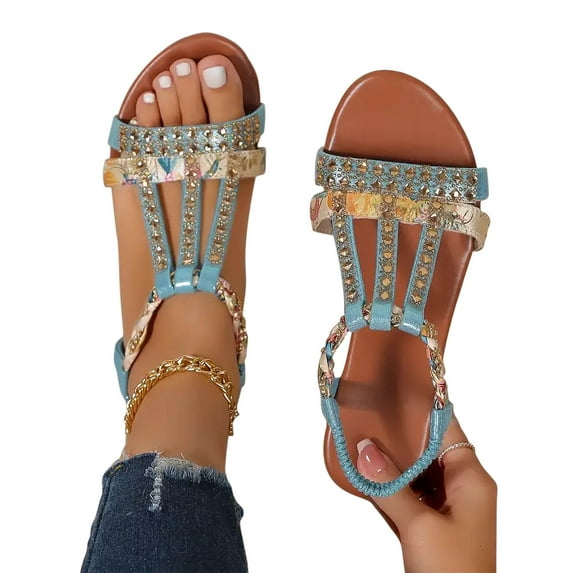 Honeeladyy Women Rhinestone Flat Sandals Summer Open Toe T Strap Buckle Bohemian Crystal Lightweight Clearance Sandals for Dress Wedding Party Valentines Day Gift for Wife Sky Blue Size 42