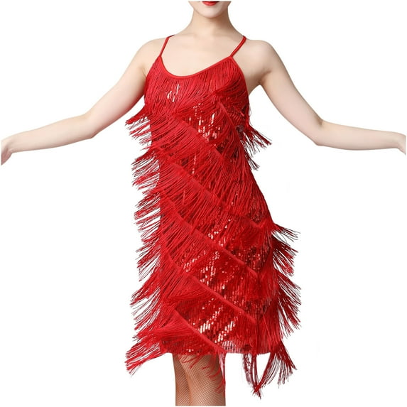 Honeeladyy Women Sleeveless Sparkle Tassel Mini Dress Spaghetti Strap Glitter Dress for Party Nightclub Red XL