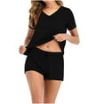 thumbnail image 1 of Honeeladyy Women Solid Casual Pullover V-neck Short Sleeve Two Piece Set Home Wear Sleepwear pajamas for women plus size, 1 of 7
