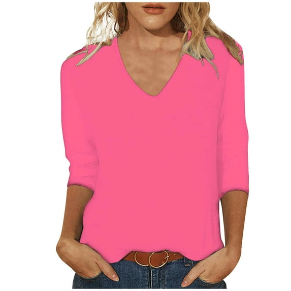 Honeeladyy Women Solid Color Loose T-shirt 3/4 Sleeves Blouse V-Neck Casual Tops Long-Sleeved Tops