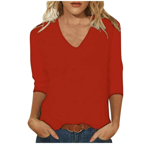 Honeeladyy Women Solid Color Loose T-shirt 3/4 Sleeves Blouse V-Neck Casual Tops Spring and Autumn Long-Sleeved Tops