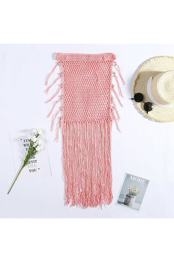 Women Solid Swimsuit Bohemian Hollow Weave Long Tassels Cover Up Bikini Swimwear Beach Cover-Ups Wrap Skirt Cover-Ups Wrap Skirt