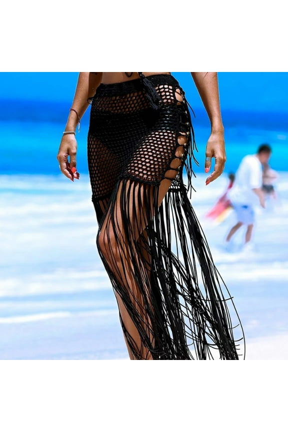 Women Solid Swimsuit Bohemian Hollow Weave Long Tassels Cover Up Bikini Swimwear Beach Cover-Ups Wrap Skirt Weave Long Tassels Cover Up