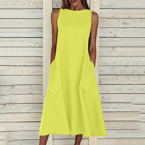 Honeeladyy Women Summer Solid Beach Holiday Dress Round Neck Big Swing Pocket Maxi Dress Women's dating summer dresses