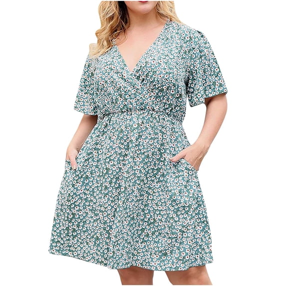 Honeeladyy Women Summer Tunic Dress Plus Size Fashion Women Summer Short Sleeve Attractive Casual V-Neck Floral Print Mini Dress