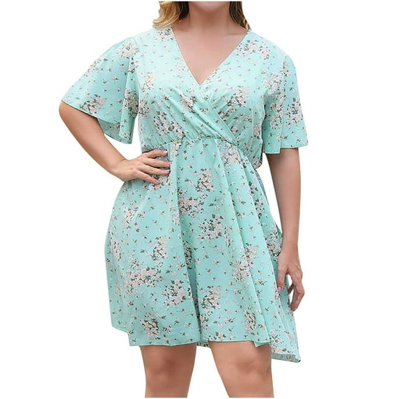 Honeeladyy Women Summer Tunic Dress Plus Size Fashion Women Summer Short Sleeve Attractive Casual V-Neck Floral Print Mini Dress