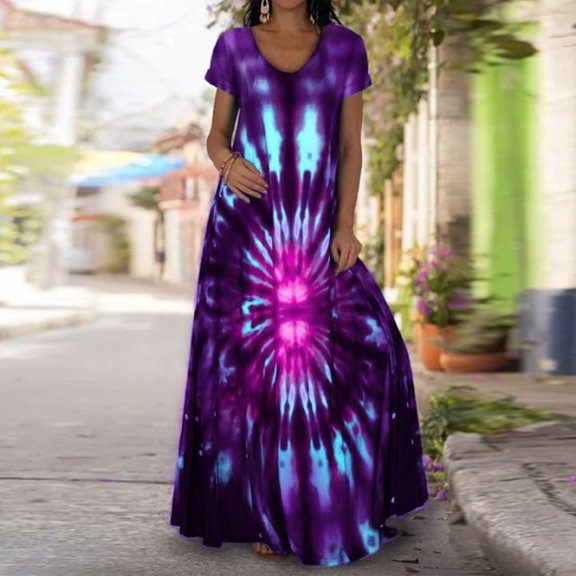 Honeeladyy Women Summer Tunic Dress Women Casual Summer Short Sleeve O-Neck Print Maxi Boho Ankle-Length Dress