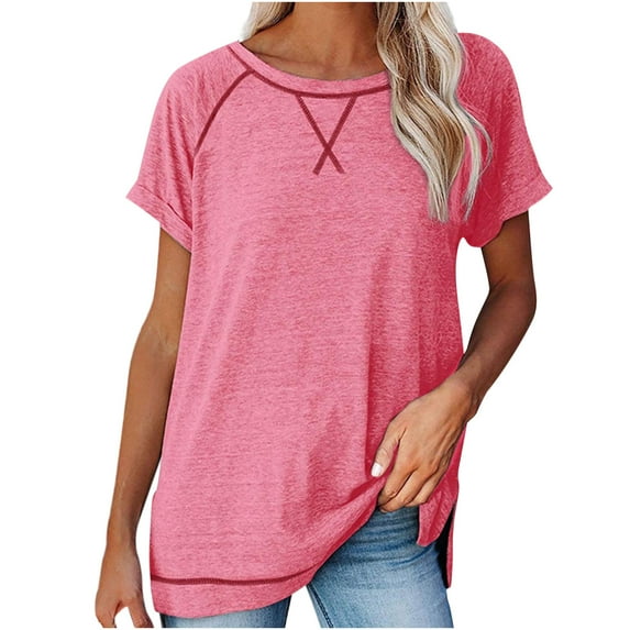 Honeeladyy Women Tunic Top,Short Sleeve Solid Color Casual Pullover Blouses to Wear with Leggings Loose Fit Shirt Gift Pink XL
