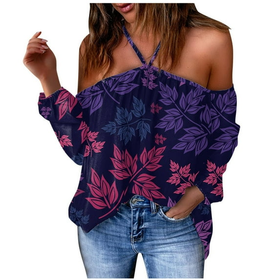 Honeeladyy Women V-Neck Long Sleeve Halter Off Shoulder T-Shirt Flowers Printing Casual Tops Blouse Clearance Long Sleeve