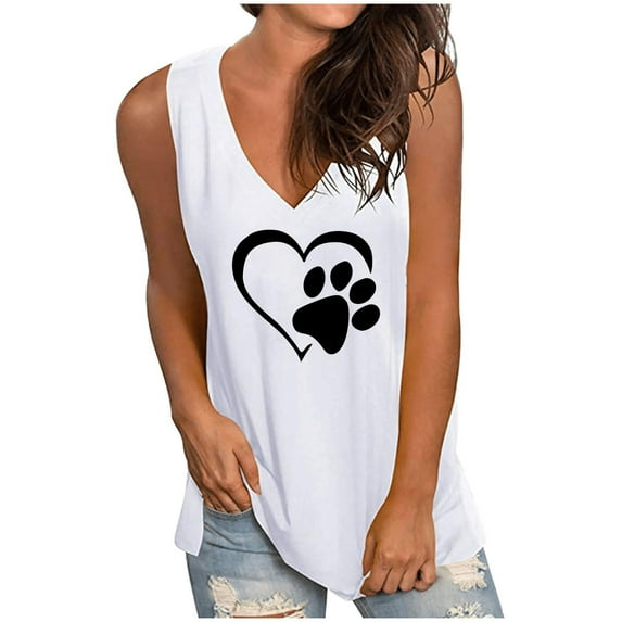 Honeeladyy Women V Neck Loose Long Tank Tops Summer Sleeveless Graphic Printed Basic Flowy Shirts White XL