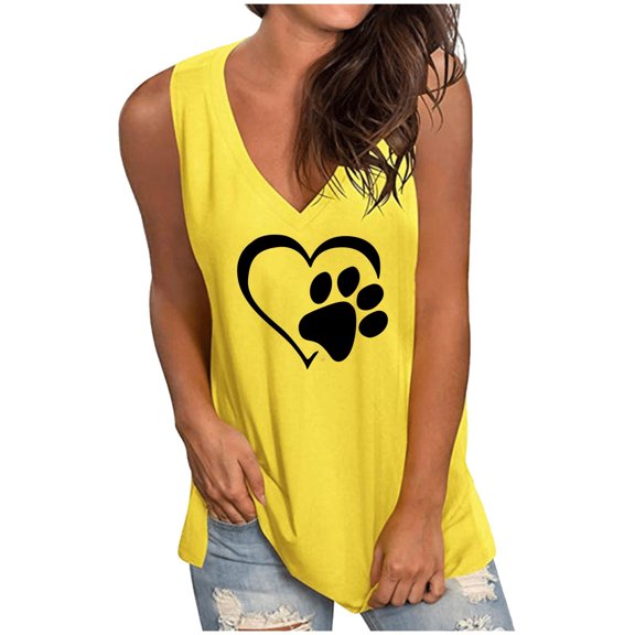 Honeeladyy Women V Neck Loose Long Tank Tops Summer Sleeveless Graphic Printed Basic Flowy Shirts Yellow M