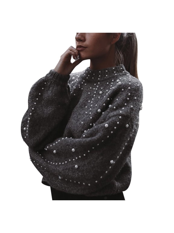 Women Winter Gray O Neck Long Sleeve Pearl Knitted Sweater Blouse Pullovers