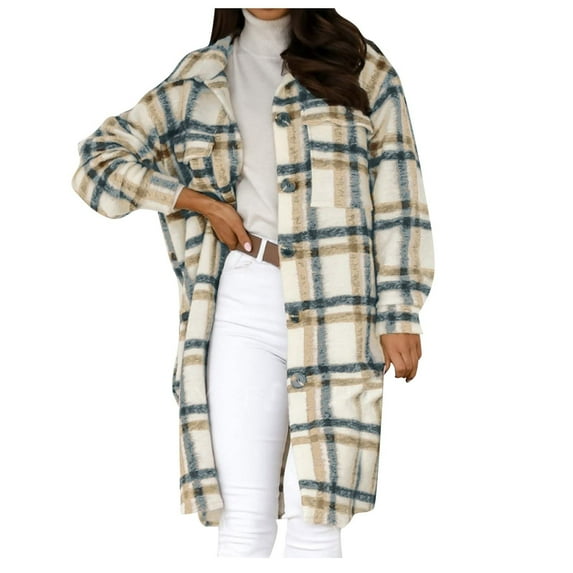 Honeeladyy Women's 2023 Plaid Jacket Mid Length Trench Coat Fall Oversized Coat with Pockets Brown S