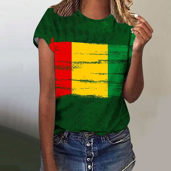 Honeeladyy Women's 4th of July Blouses and Tops Dressy 2024 Summer Fashion Tops Multi-color Round Neck Short Sleeve Tops for Independence Day(Multicolor,M)