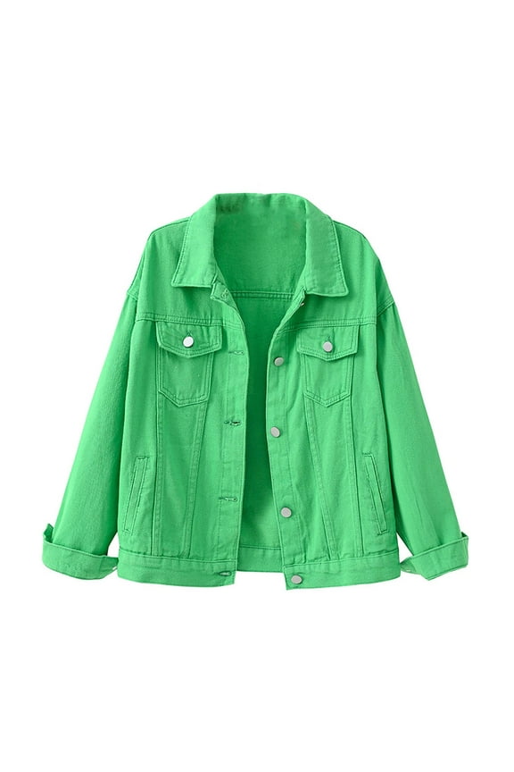 Women's Basic Button Down Stretch Fitted Long Sleeves Denim Jean Jacket Green XL