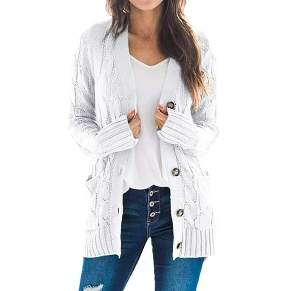 Honeeladyy Women's Cable Knit Cardigan Long Sleeve Open Front Button Down Knitwear Sweater Coat White L