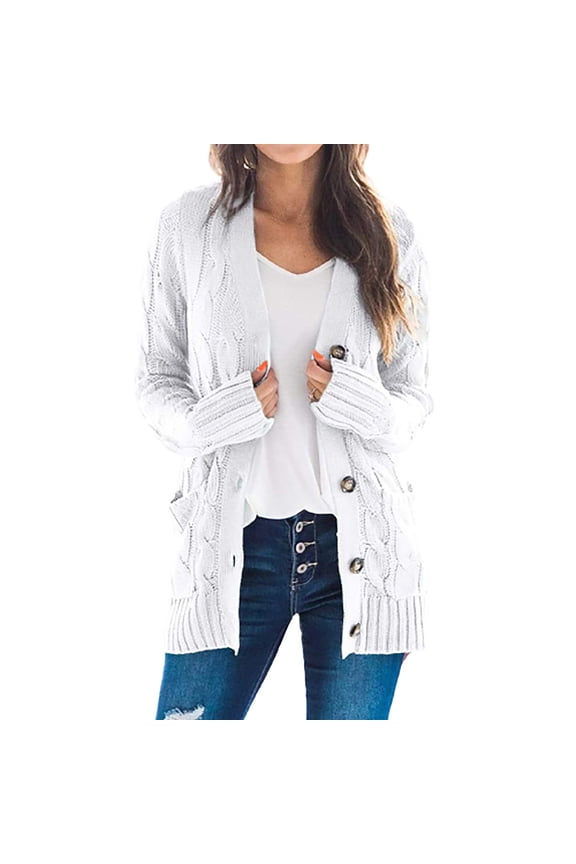 Women's Cable Knit Cardigan Long Sleeve Open Front Button Down Knitwear Sweater Coat White S