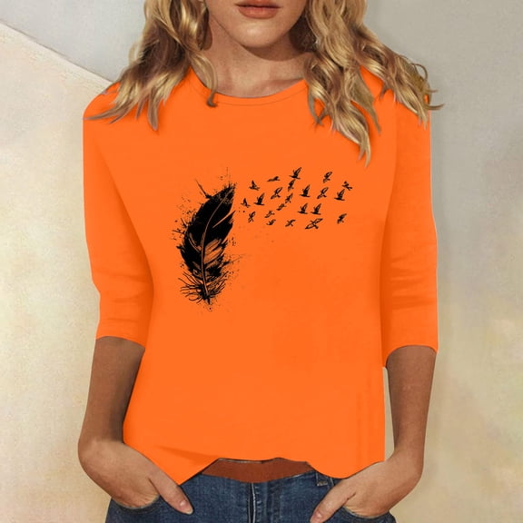 Honeeladyy Women's Casual 3/4 Sleeve T-Shirt Round Neck Cute Tunic Tops Basic Tees Blouses Loose Fit Pullover 2024 Dressy Trendy for Daily Wear (Orange,M)