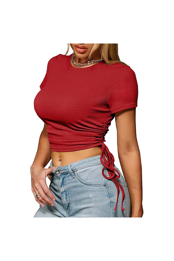 Women's Casual Basic Short Sleeve Round Neck Short Solid Color Drawstring Side Tee Shirt Top