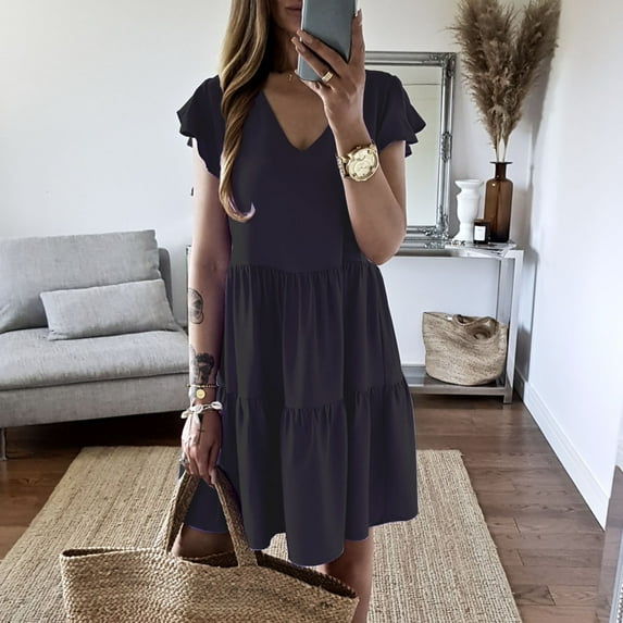 Honeeladyy Women's Casual Comfortable High Waist Round Neck Solid Color Short Sleeve Dress Dresses for wife