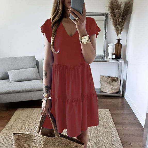 Honeeladyy Women's Casual Comfortable High Waist Round Neck Solid Color Short Sleeve Dress Women's exquisite dresses