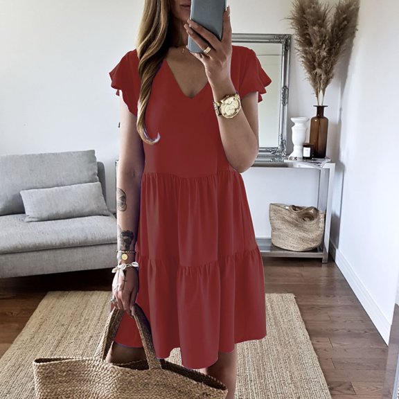 Honeeladyy Women's Casual Comfortable High Waist Round Neck Solid Color Short Sleeve Dress Women's light dresses