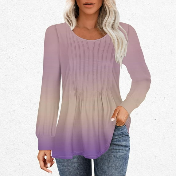 Honeeladyy Women's Casual Fashion Loose Pleated Round Neck Gradual Long-Sleeved Tops for Workout Gym (Pink,XL)