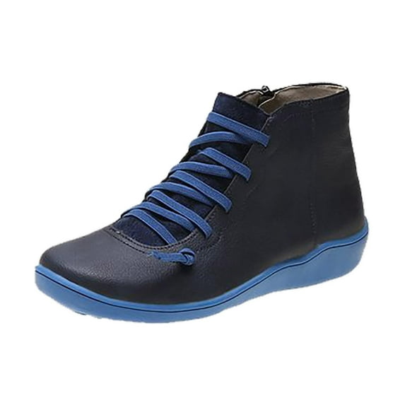 Honeeladyy Women's Casual Flat Retro Lace-up Side Zipper Round Toe Shoe Blue Clearance under 5$