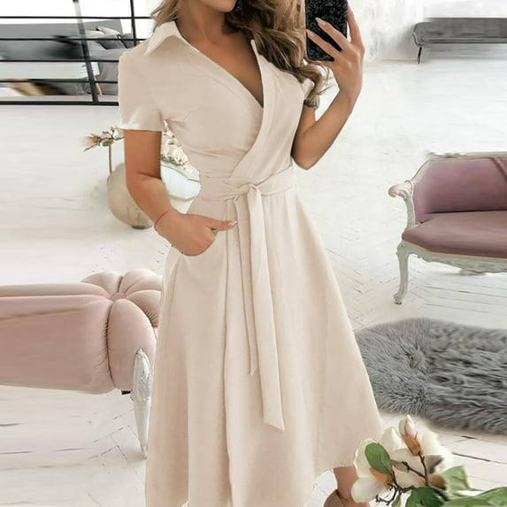 Honeeladyy Women's Casual Loose Bandage Short Sleeve Solid V-Neck Ankle-Length Dress Women's simple dresses