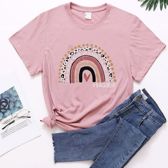 Honeeladyy Women's Casual Teacher's Day Short Sleeve Letter Printed T Shirts Blouse Tops plus size crewneck tops