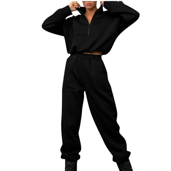 Honeeladyy Women's Color Large Loose Long Sleeve Standing Neck Zipper Sweater Sport Set Casual Two Piece Set