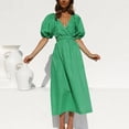 thumbnail image 1 of Honeeladyy Women's Fashion Bohemian V-Neck Elasty Short Sleeve Solid Ankle-Length Dress Dresses for wife, 1 of 9