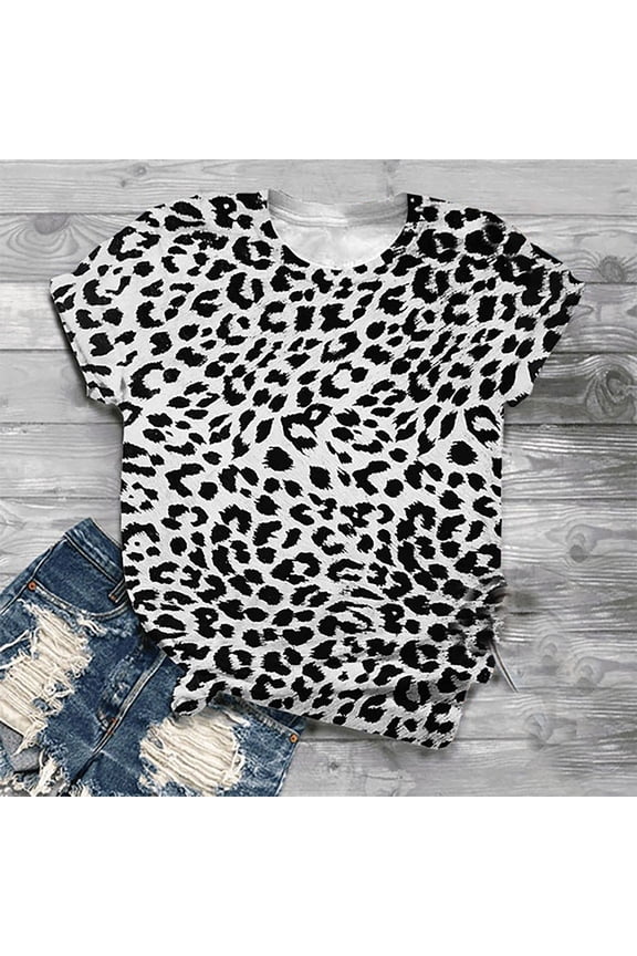 Women's Fashion Cute Leopard Print Pullover Casual Bottom Shirt Top womens summer tops short sleeve tees square neck casual t shirts loose button down shirt tunic tops