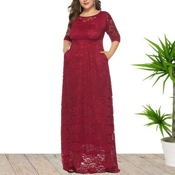 Honeeladyy Women's Fashion Large Size Hollow Lace Pocket Dress Evening Dress Long Skirt summer dresses for women clearance under $10