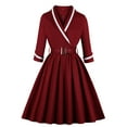 thumbnail image 1 of Honeeladyy Women's Fashion Mid-Sleeve V Neck Vintage Elegant Solid Belt Party Swing Dress women's plus size dresses, 1 of 8