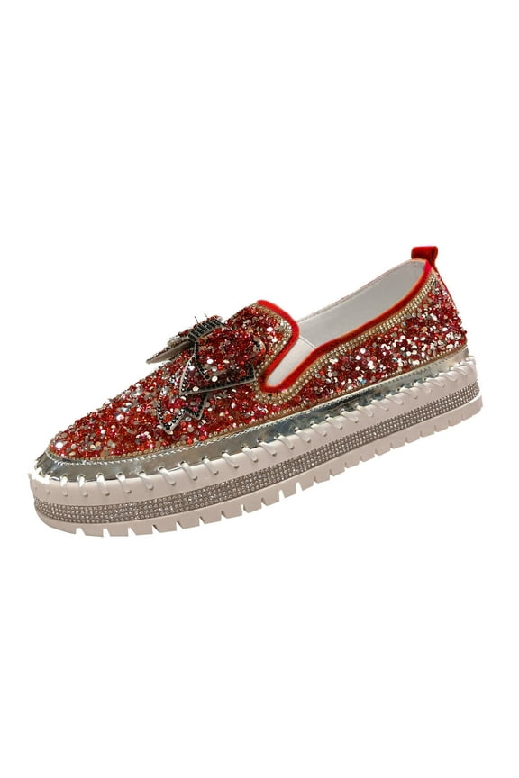 Women's Fashion Slip-On Sneakers, Rhinestones Glitter For Women, Platform Loafers Cute Bowknot Flat Casual Shoes For Girls Red Sales Online