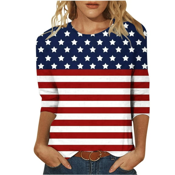 Honeeladyy Women's Fashion Three Quarter Sleeve Retro Round Neck Independence Printed Loose Tops Blouse Three Quarter Sleeve