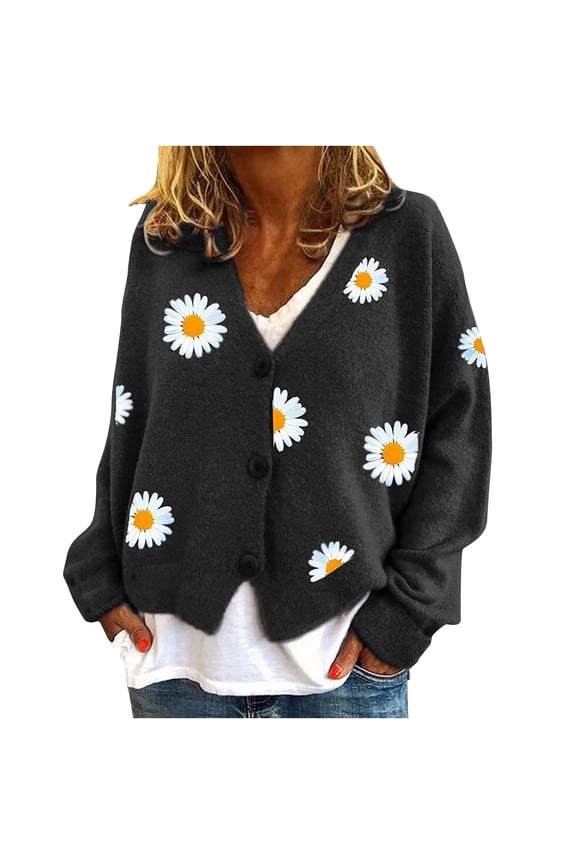 Women's Floral Knitted Daisy Sweater Cardigans Long Sleeve V Neck Loose Button Down Vintage Sweater Top Black M