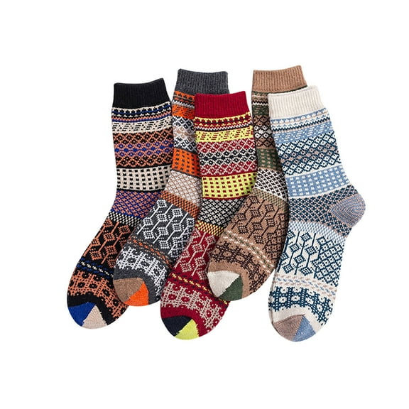 Honeeladyy Women's Fuzzy Adult Ankle Socks,5Pairs Women Warm Winter Socks Retro Print Thick Knit Cozy Middle Tube Socks
