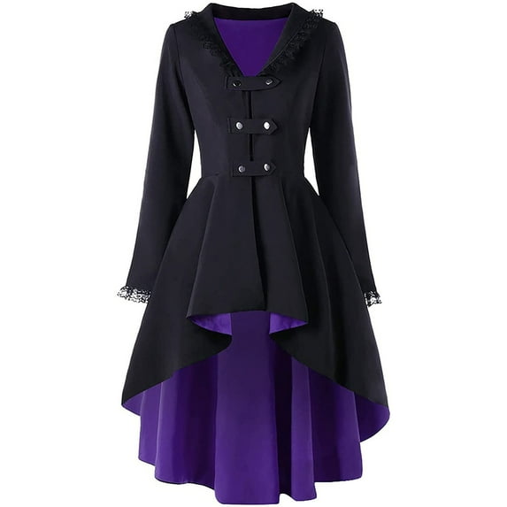 Honeeladyy Women's Gothic Trench Coats Double Breasted Winter Coat High Low Hem Swing Party Overcoat Lace Up Lace Trim Outerwear Purple XXL