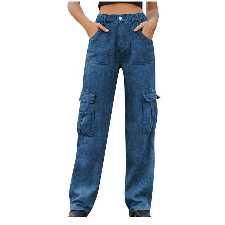 Honeeladyy Women's High Waist Cargo Jeans Flap Pocket Baggy Cargo Pants Wide Leg Denim Jeans Y2K Streetwear Pants Birthday Gifts for Mum Blue M, Size