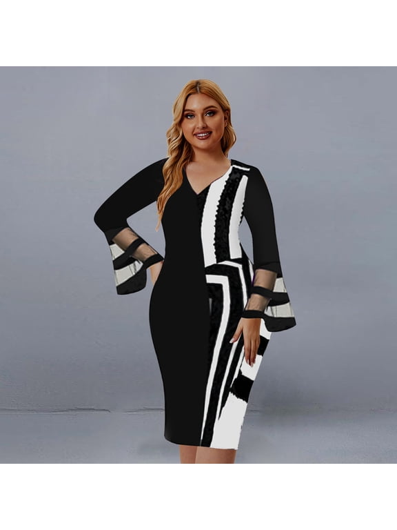 Women's Large Patchwork Dress Hip Wrap Skirt Long Sleeve Casual Swing Dress Longuette Dress summer dresses for women plus size