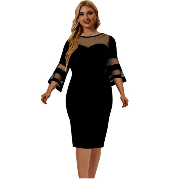 Honeeladyy Women's Large Patchwork Dress Hip Wrap Skirt Long Sleeve Casual Swing Dress Longuette Dress summer dresses for women