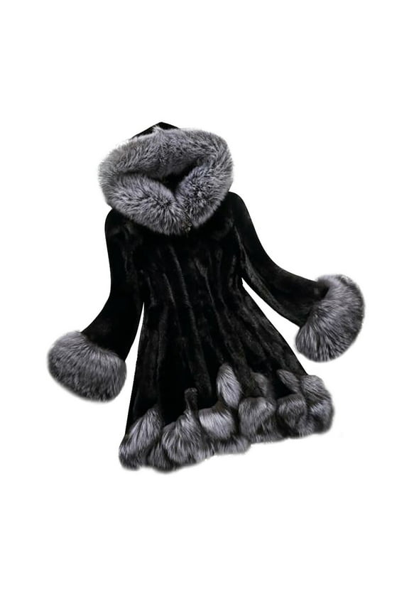 Women's Long Hooded Parka Coat Warm Winter Overcoat Faux Fur Collar Jacket Black XXXL