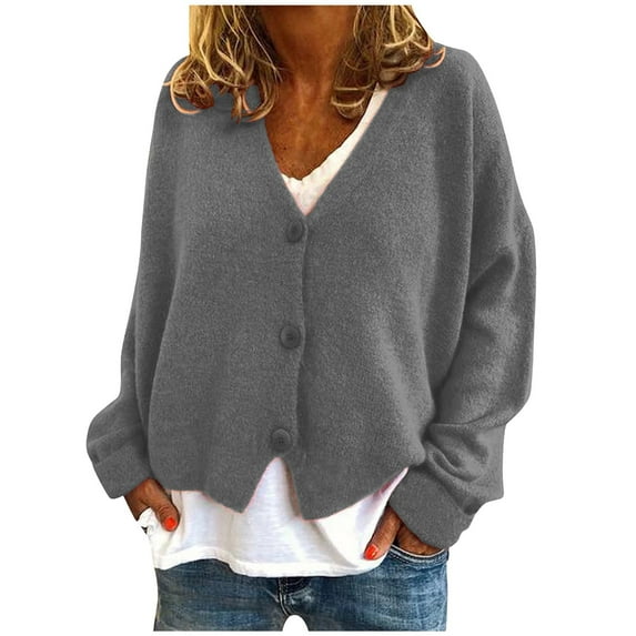Honeeladyy Women's Long Sleeve Knit Sweater Open Front Cardigan Button Loose Outerwear Gray S