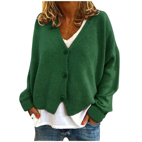Honeeladyy Women's Long Sleeve Knit Sweater Open Front Cardigan Button Loose Outerwear Green L