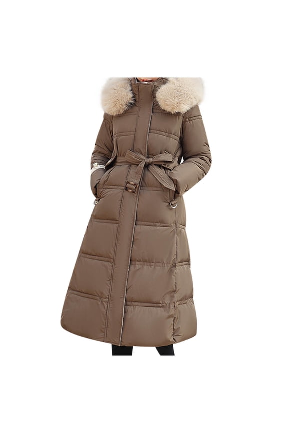 Women's Long Winter Faux Fur Coat Puffer Warm Jacket with Detachable Hood Coffee L